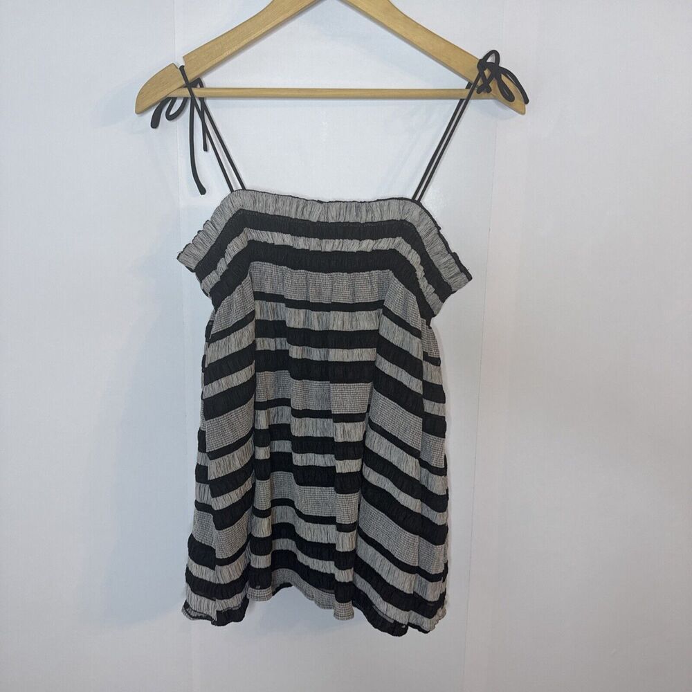 Glam Babydoll Shirt Womens Large Black Gray Stripe Y2K Spaghetti Strap Top Lined